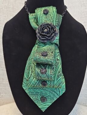 Green and Black Paisley Necktie Necklace with Black Rose Accent